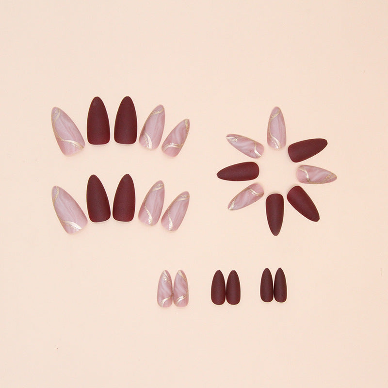 24pcs winter fall leaves brown black false nails with almond French artificial nails with glue short stiletto fake press on nail
