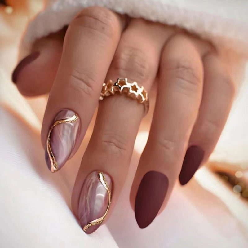 24pcs winter fall leaves brown black false nails with almond French artificial nails with glue short stiletto fake press on nail