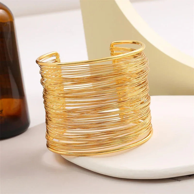 Fashion Women's Multilayer Metal Wires Strings Open Bangle Wide Cuff Bracelet Statement Jewelry Indian Luxury