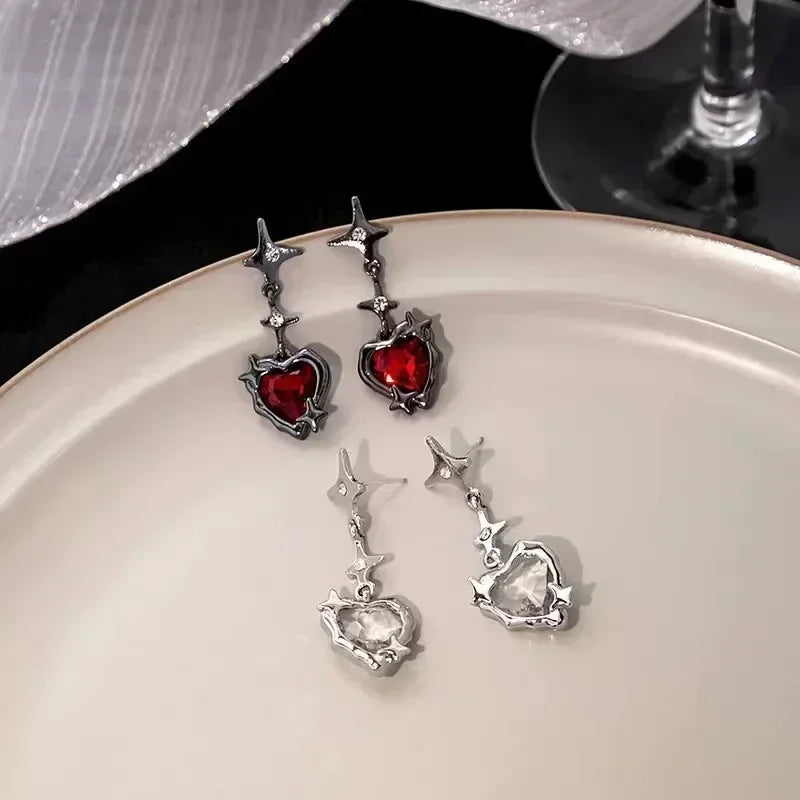 Y2K Goth Heart Cross Star Pendant Earrings for Women Red Zircon Love Earring Gothic Irregular Tassel Stud Earrings Halloween