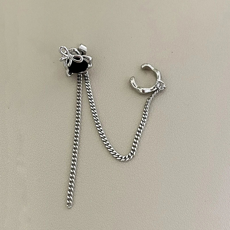 Gothic Black Love Crystal Clip Earrings for Women Exquisite Irregular Heart Stud Earring Long Link Tassel Y2K Jewelry Party Gift