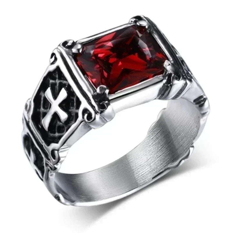 Christian Gothic Red Gemstone Cross Ring Vintage Catholic Prayer Amulet Jewelry for Men