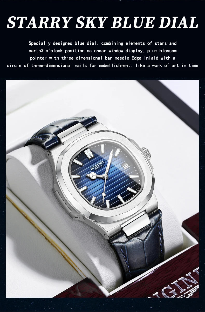 BINBOND Top Luxury Square Man Watch Date Waterproof Luminous Watch High Quality Leather Quartz Men's Watches Relogio Masculino