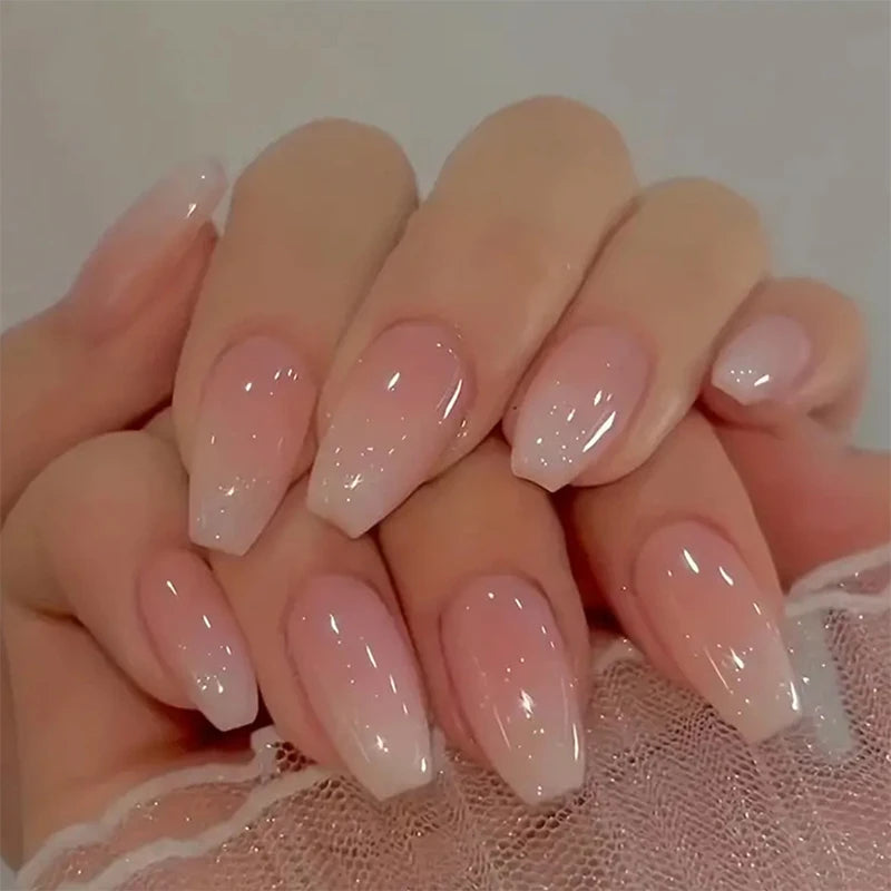 24pcs Milky Jelly Gradient Fake Nails French Nail Waterproof Faux Medium Coffin False Nails Fingernails Press On Nails Tips
