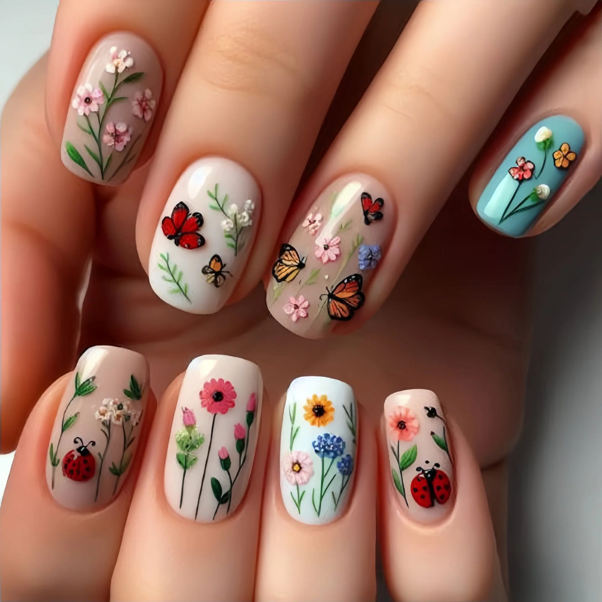 24pcs Mini Flower Press on Nails with Glue Painting Floral Acrylic Fake Nails Spring Design Short Square False Nails for Girls