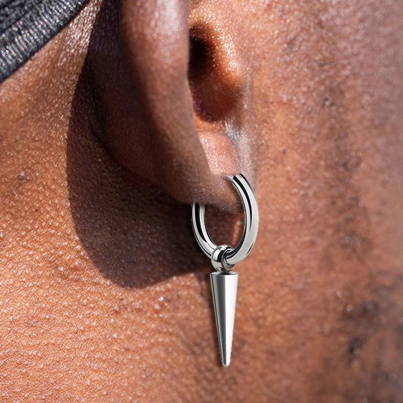 Rock Cone Pendant Hoop Earrings Women Men Stainless Steel Geometric Cartilage Single Earring Hip Hop Piercing Jewelry