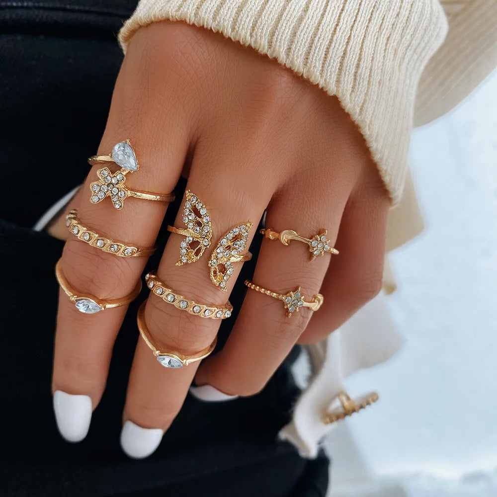 Vintage Korean Gold Silver Color Pearl Rings Set Jewelry For  Girls Butterfly Hollow Heart  Ring For Women Accessories