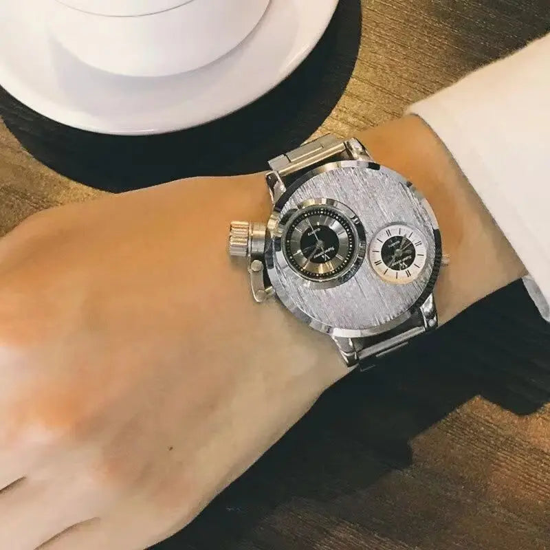 YIKAZE Luxury Quartz Men's Watches Punk Style Dual Dial Business Men Wristwatch Stainless Steel Strap Waterproof Military Watch