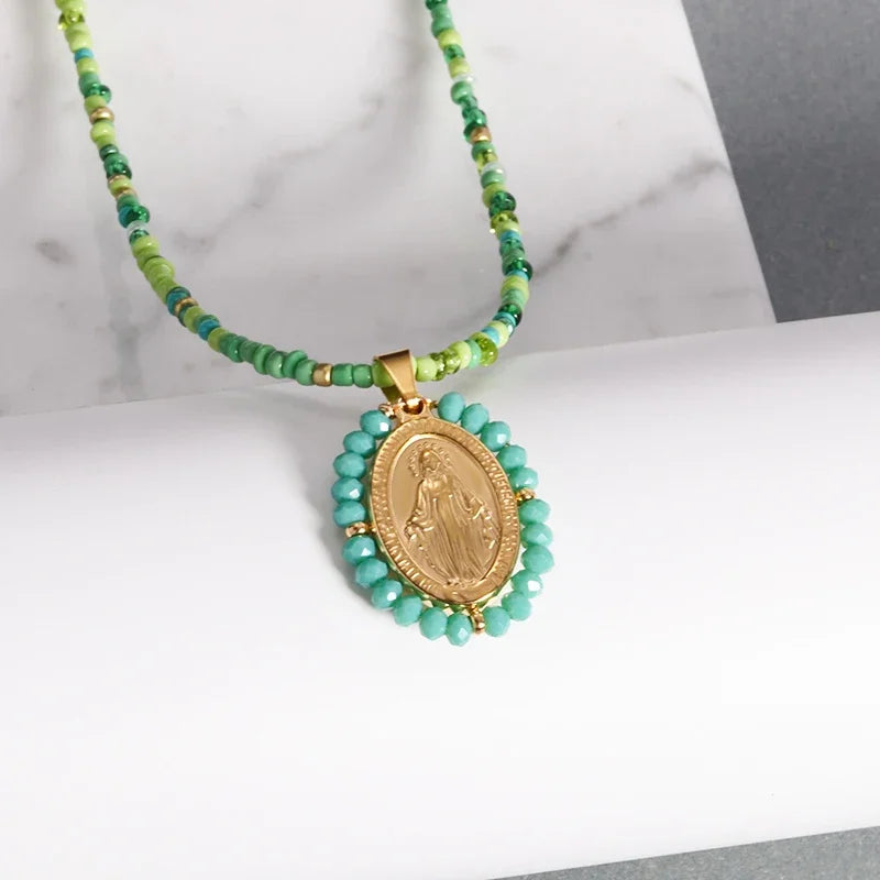Beautiful Stainless Steel Catholic Virgin Mary Portrait Square Pendant Necklace for Men and Women Religious Catholic Jewelry