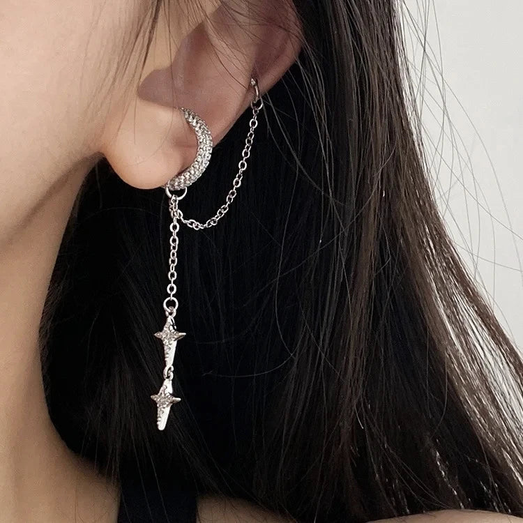Gothic Black Love Crystal Clip Earrings for Women Exquisite Irregular Heart Stud Earring Long Link Tassel Y2K Jewelry Party Gift