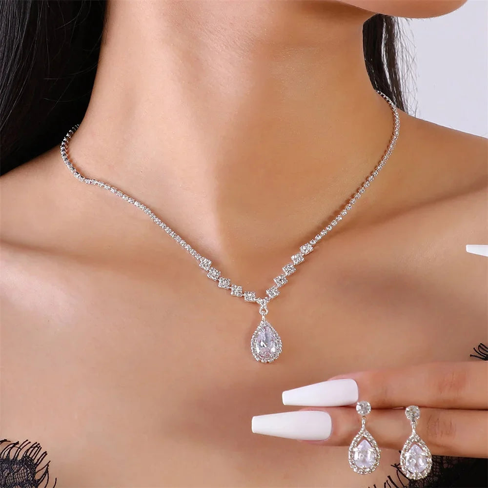 Luxury Crystal Bride Jewelry Set Rhinestone Wedding Dress Banquet Zircon Chain Necklace Dangle Earring Sets Ladies Accessories