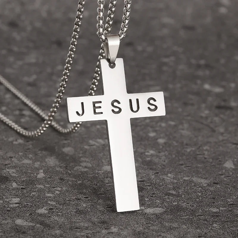 Catholic Jesus Cross Stainless Steel Pendant Necklace for Men Women Vintage Christian Prayer Jewelry