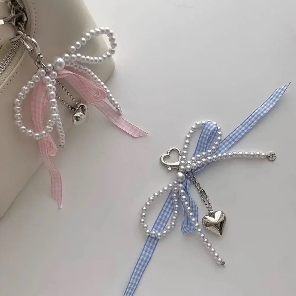 Blue Pink Lattice Ribbon Keychains Bowknot Pearls Heart Bag Pendant Elegant Beaded Keyring Y2k Sweet Korea Jewelry Accessories