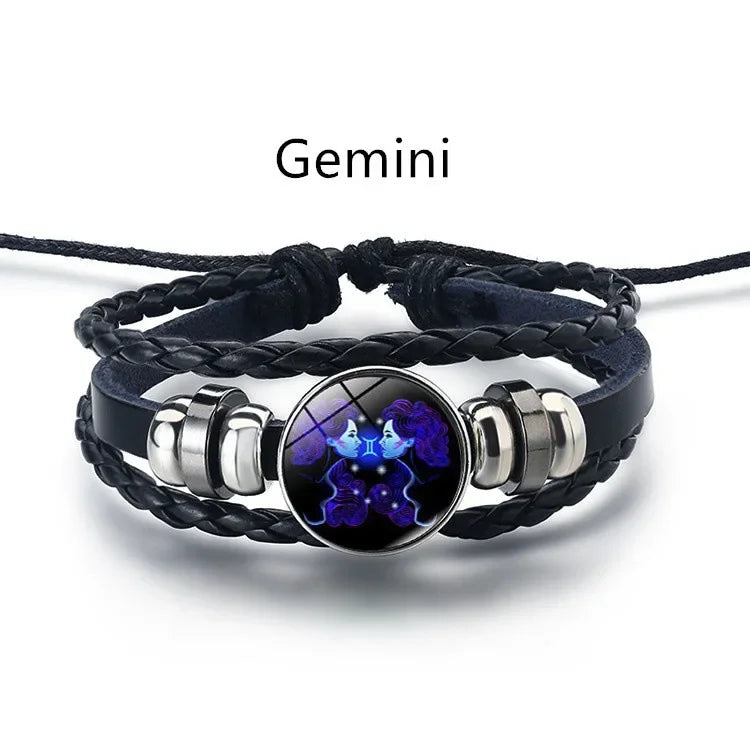 Gemini Leo Libra Scorpio Sagittarius 12 Constellation Luminous Bracelet Leather Bracelet Zodiac Charm Jewelry Bracelet for Men