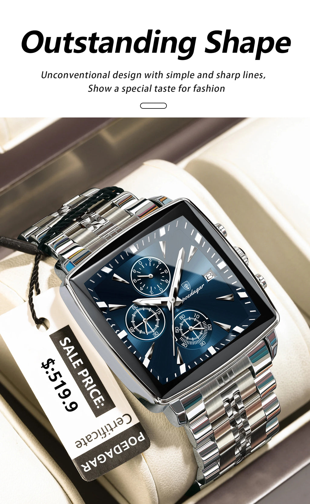 POEDAGAR Square Men Watch Waterproof Luminous Chronograph Calendar Man Wristwatch Stainless Steel Quartz Men's Watches+Box Reloj