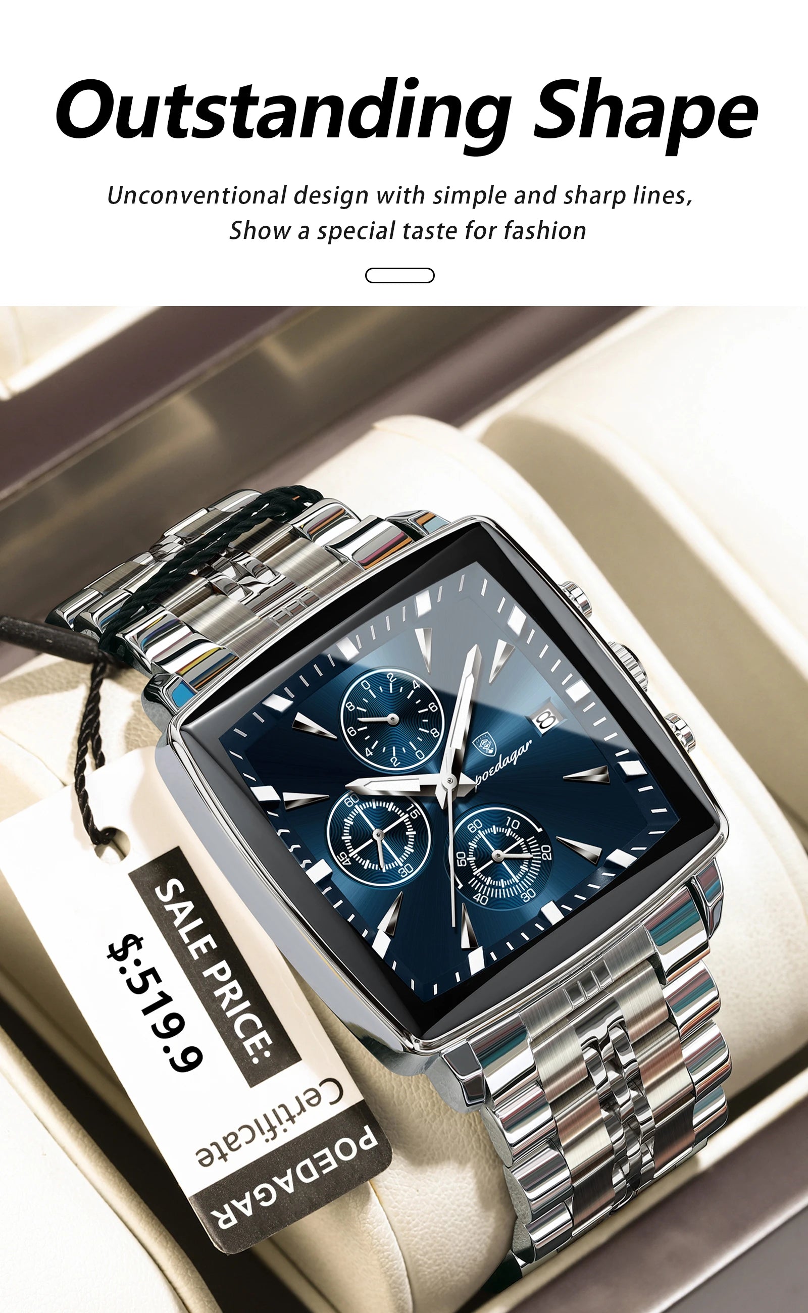 POEDAGAR Square Men Watch Waterproof Luminous Chronograph Calendar Man Wristwatch Stainless Steel Quartz Men's Watches+Box Reloj