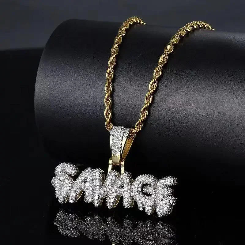 Iced Out Letter Savage Pendant Shiny Bing Cubic Zirconia Hip Hop Necklace Men\\\'s Cool Rock Rap Trend Jewelry