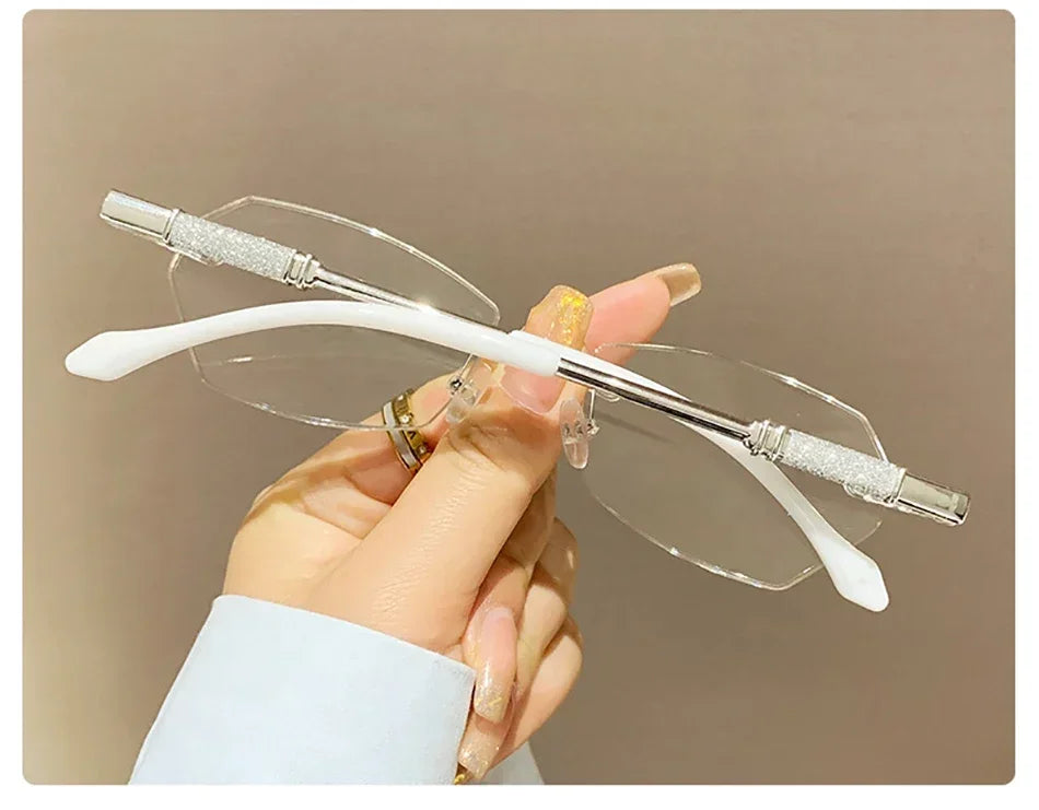 New Rimless Diamond Cutting Presbyopic Glasses Ladies Anti Blue Light Ultra Light Reading Glasses +1.0+1.5+2.0+2.5+3.0+3.5+4.0
