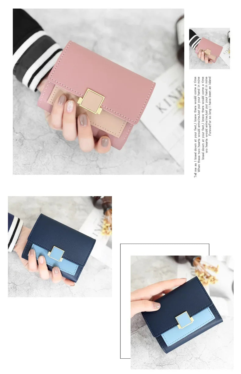 Patchwork Short Women's Wallet Fashion Square Clutch Money Credit Multiple Card Holders Metal Buckle Tri-Fold Ladies Coin Purse