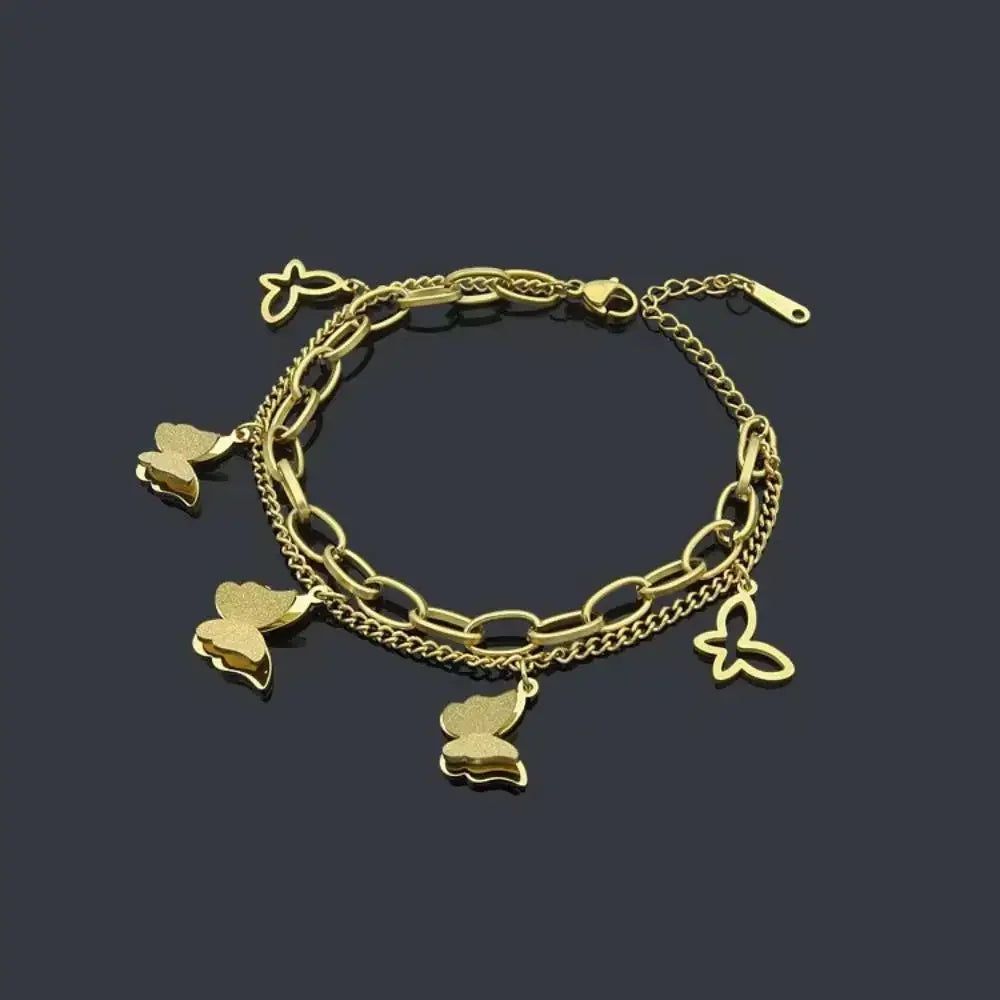 Stainless Steel Double Layer Butterfly Bracelet For Women Girls Gold Color Non-fading Hand Chain New Trendy Party Jewelry Gifts