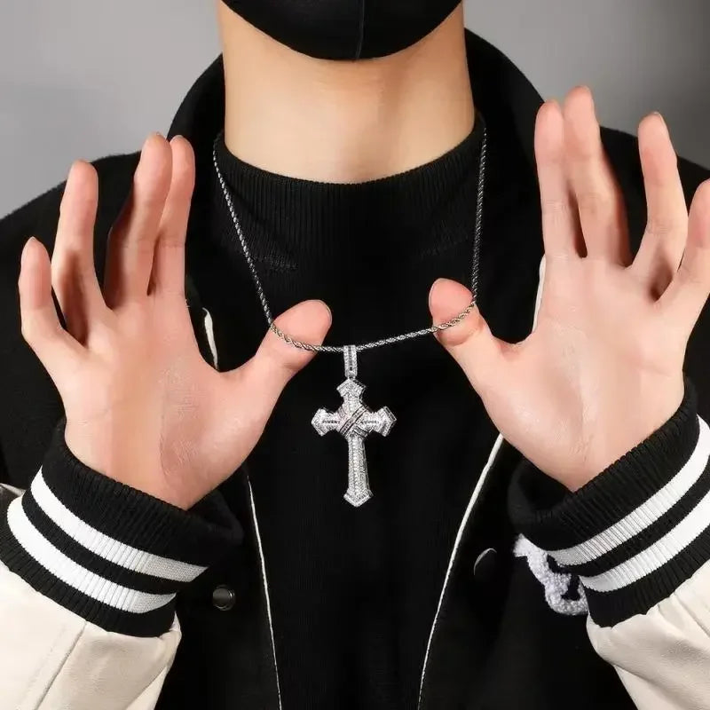 Shiny Ice Crystal Zircon Christian Cross Pendant Men and Women Hip Hop Trend Jewelry Catholic Amulet Necklace