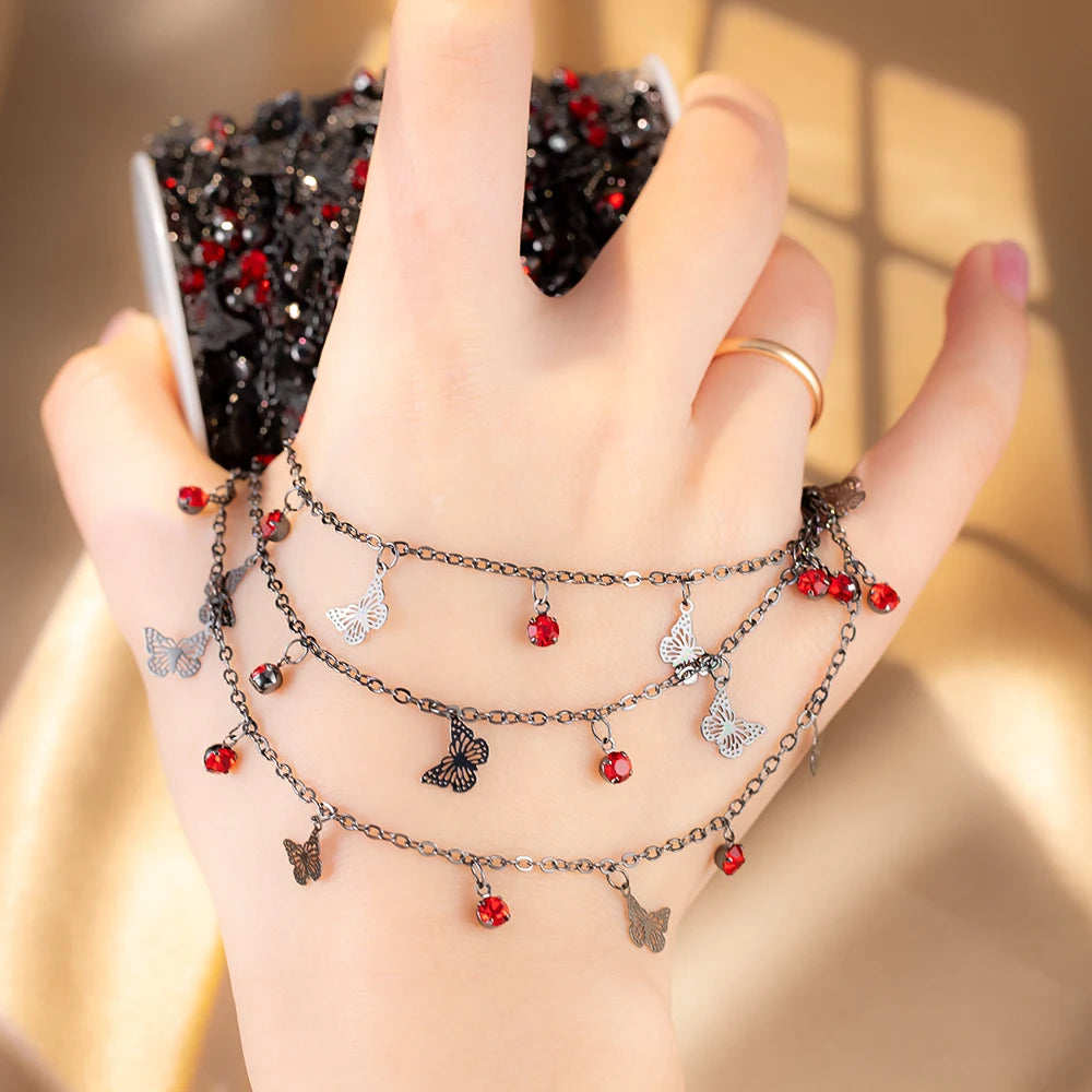 100CM 50CM Red Crystal Bead Charms Butterfly Pendants Gunblack Copper Chains For Jewelry Making DIY Necklaces Bracelets Chains