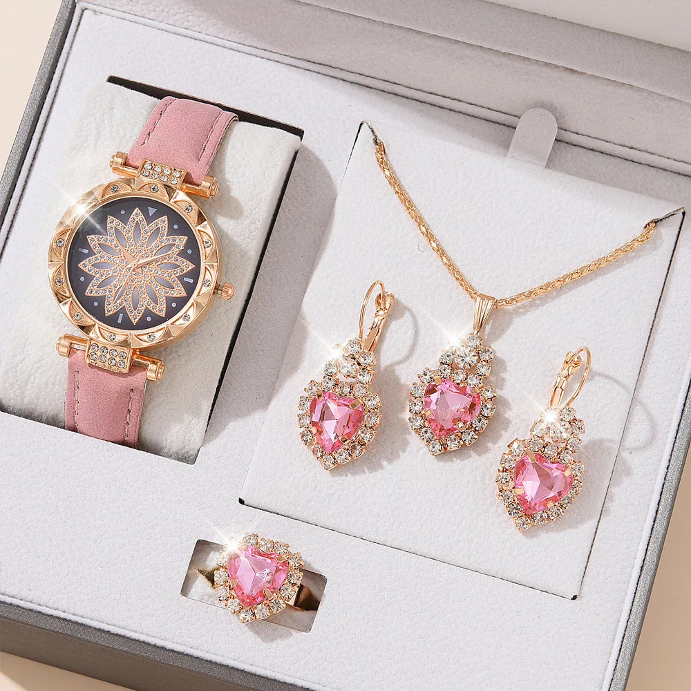 Ladies Watch 5pcs Set Watches for Women Leather Band Simple Casual Women's Analog WristWatch Bracelet Gift Montre Femme (No Box)
