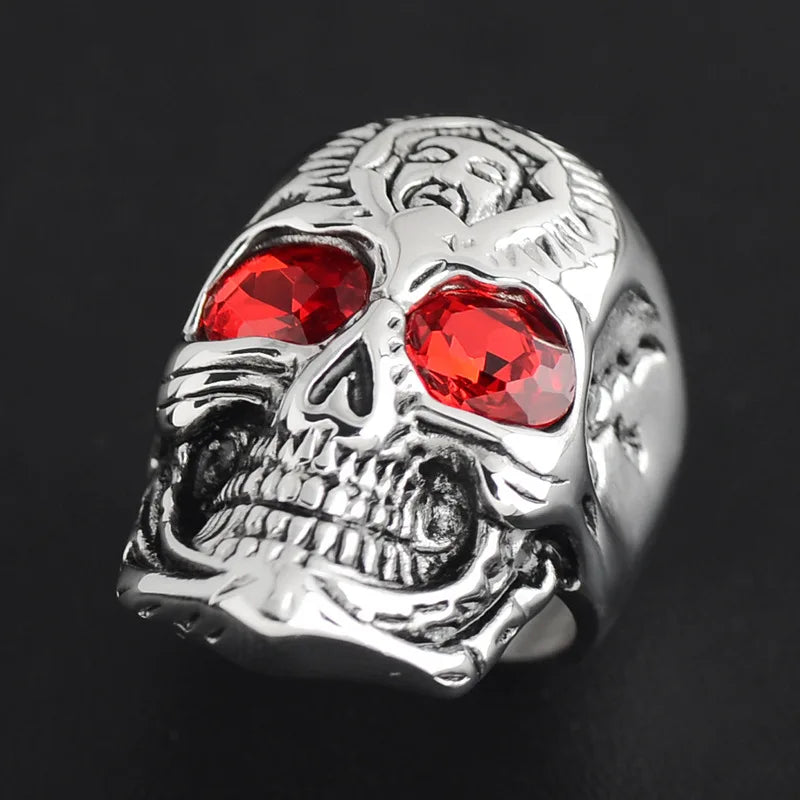 Gothic Red Eyes Jesus Skull Ring Men's Christian Punk Hip Hop Rock Trend Jewelry Halloween Gift