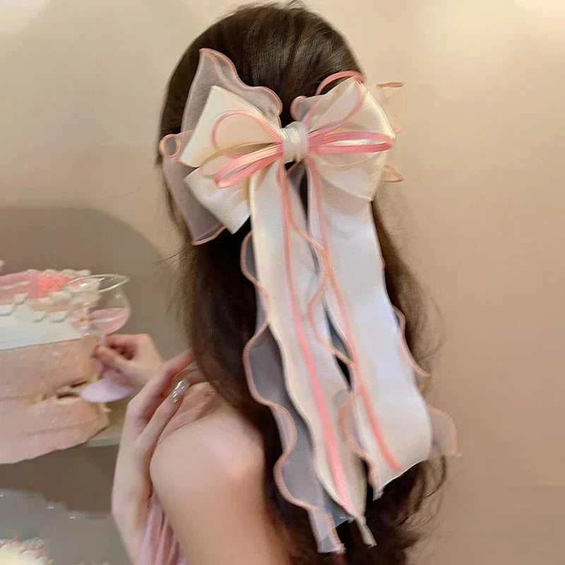 Pink Mesh Big Bow Hair Clip For Women Simple Ribbon Girls Elegant Spring Clip Headwear Korean Style Cute Bowknot Ponytail