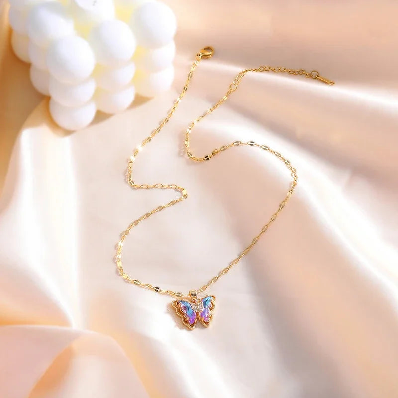 Micro-inlaid Crystal Butterfly Necklace Fashion European American Style Cute Classic Light Luxury Transparent Clavicle Chain