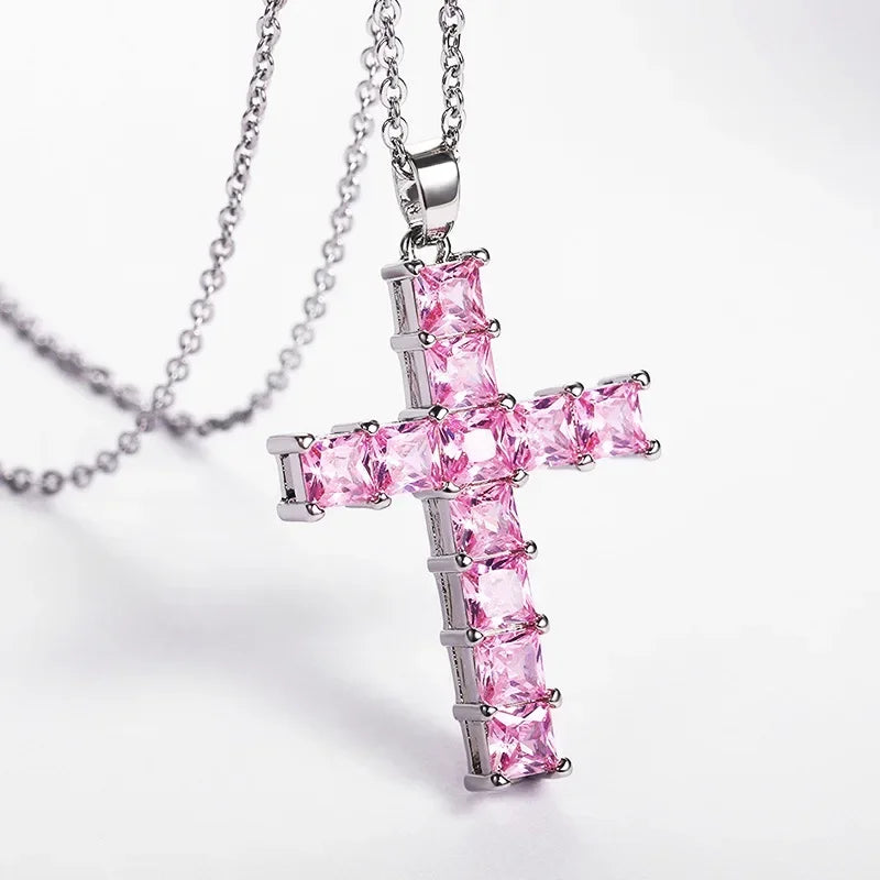 Shiny Ice Crystal Zircon Christian Cross Pendant Men and Women Hip Hop Trend Jewelry Catholic Amulet Necklace