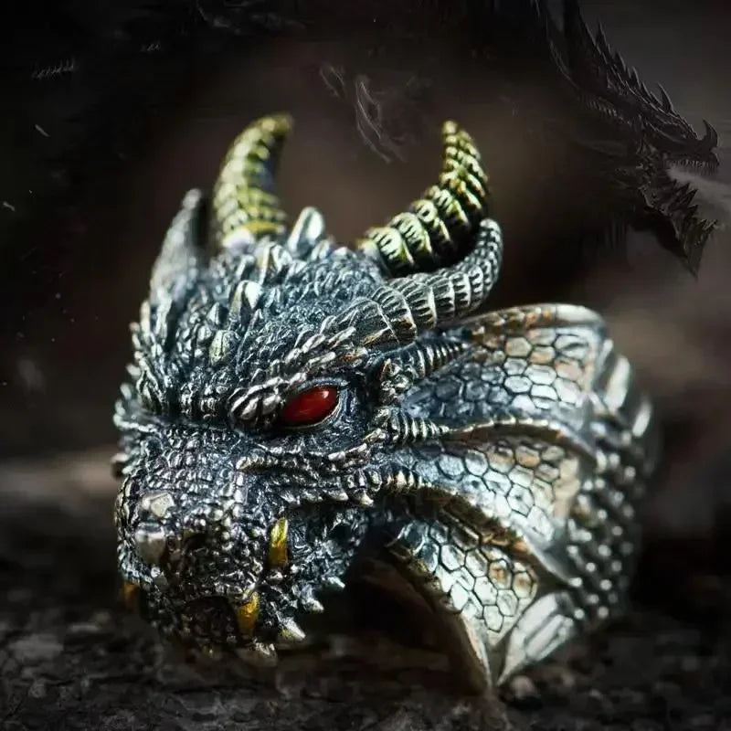 Vintage Ethnic Evil Dragon Head Ring Men\\\'s Gothic Open Ring Male Cool Trend Jewelry