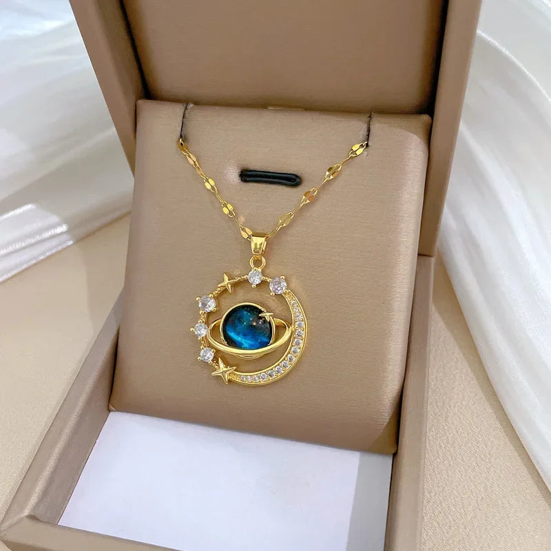 Dainty Blue Planet Necklace Stainless Steel Clavicle Chain Zircon Saturn Space Earth Pendant Necklace Aesthetics Jewelry Collar
