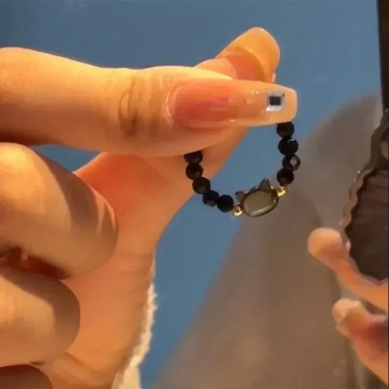 2pcs Natural Moonstone Obsidian Rings Beads Minimalist Fidget Ring Cute Black White Cat Ring Women Men Party Accessories Jewelry