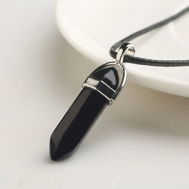 Natural Stone Pendant Necklace Ladies Girls Gift PU Leather Hexagonal Pillar Pointed Jewelry