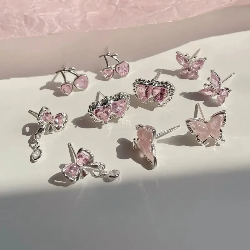 Cute 6/7Pair Set Butterfly Heart Stud Earrings for Women Girl Exquisite Party Dailywear Jewelry Birthday Gift Simple Accessories