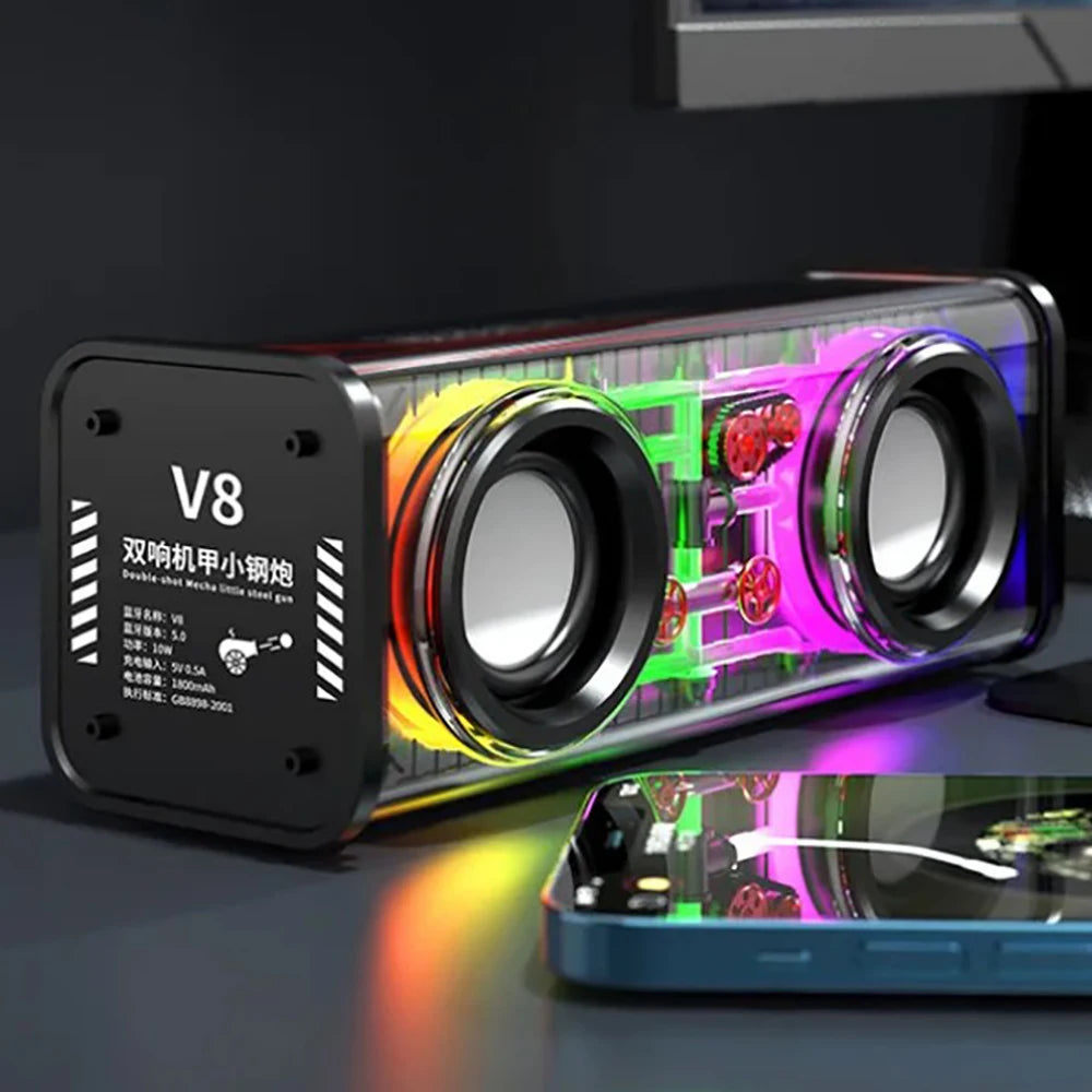 Bluetooth 5.0 Dual Speakers 1800mAh Transparent Mecha Speakers Wireless RGB Light Effect Loudspeaker Bass Subwoofer Mini Speaker