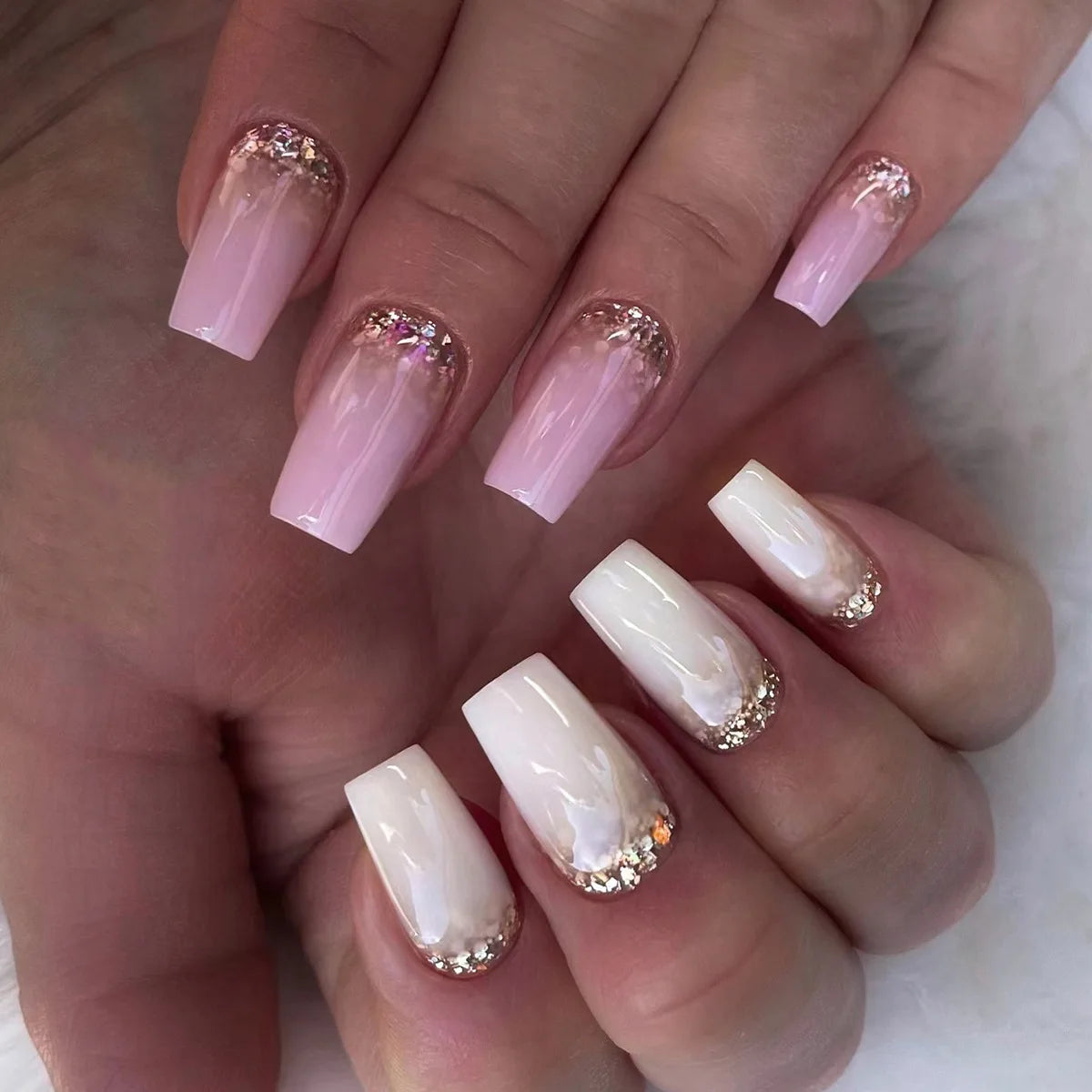 24Pcs Long Coffin Press on Nail Autumn Winter False Nails Glitter Diamond Stick on Nails French Ombre Full Cover Ballet Nail Art