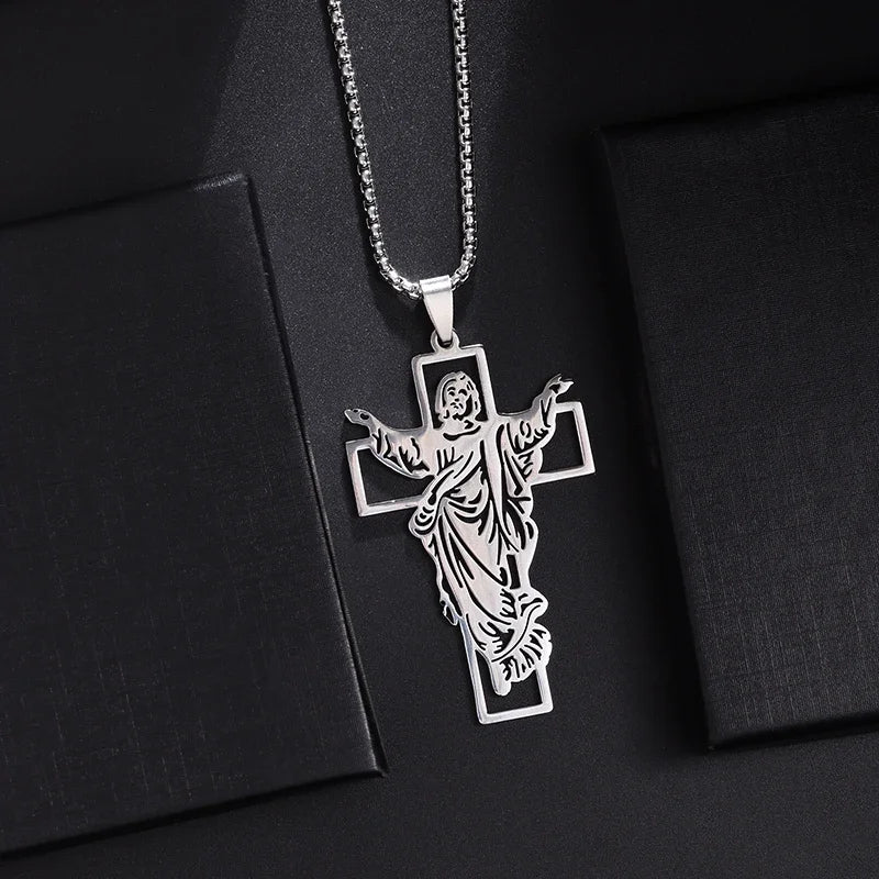 Vintage Christian Ice Crystal Jesus Head Pendant Necklace for Men and Women Cross Catholic Amulet Jewelry