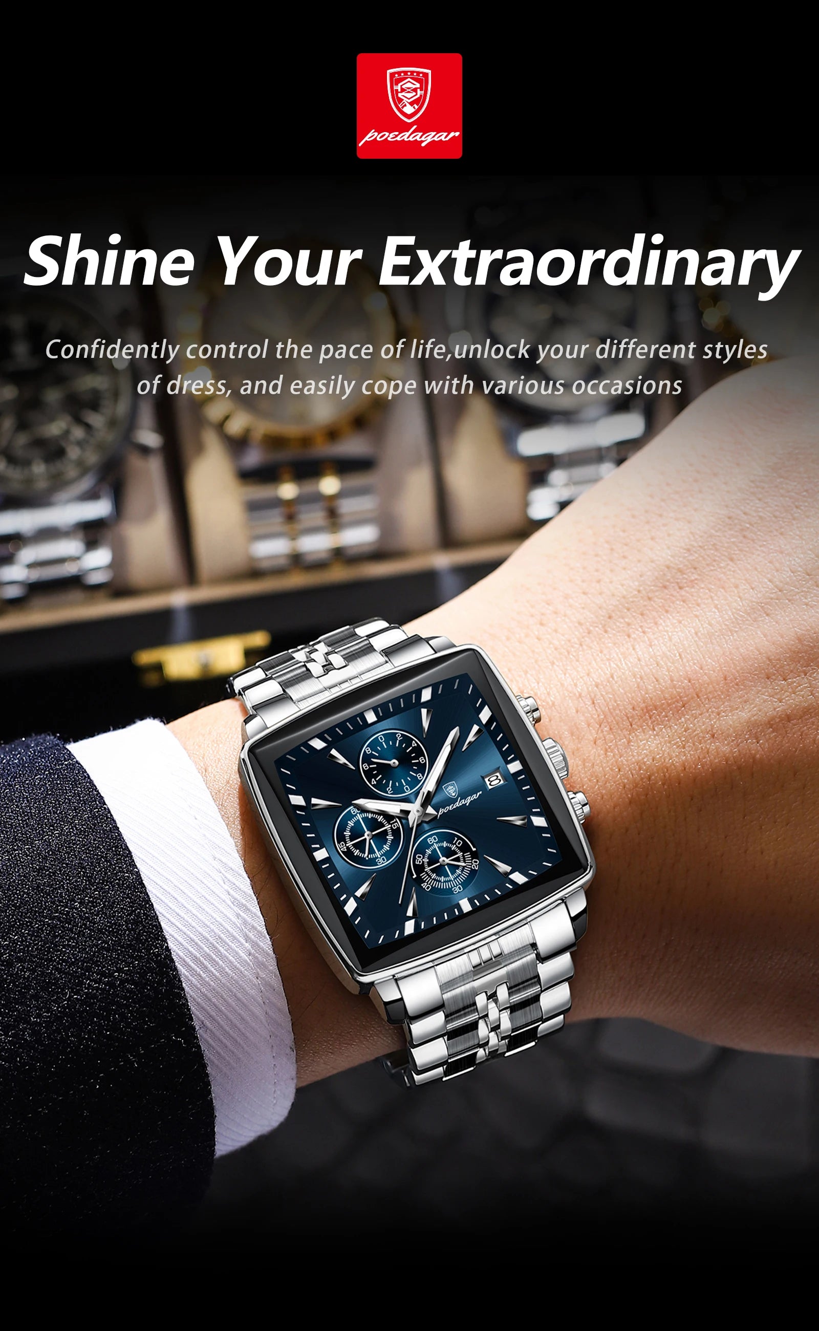 POEDAGAR Square Men Watch Waterproof Luminous Chronograph Calendar Man Wristwatch Stainless Steel Quartz Men's Watches+Box Reloj