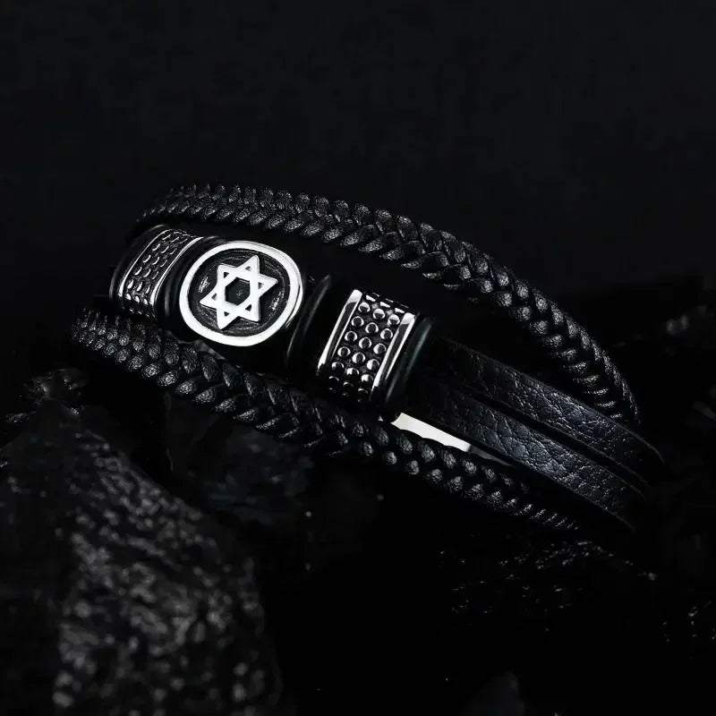 Fashion Star of David Multilayer Leather Braided Bracelet with Magnetic Clasp Men\\\\'s Vintage Judaica Amulet Jewelry