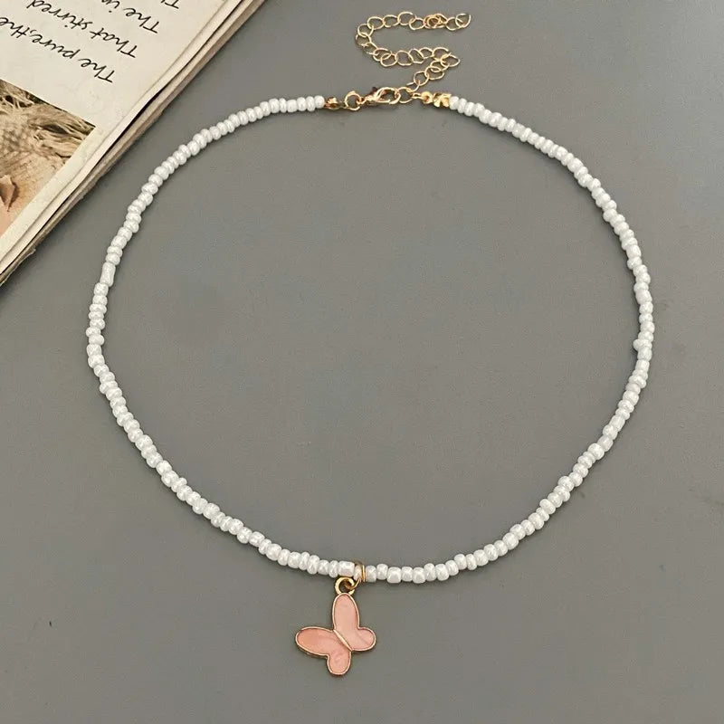 New Fashion Butterfly Pendnat Necklace Small Seed Beads Gift  Choker Necklace White Color Neck Jewlery