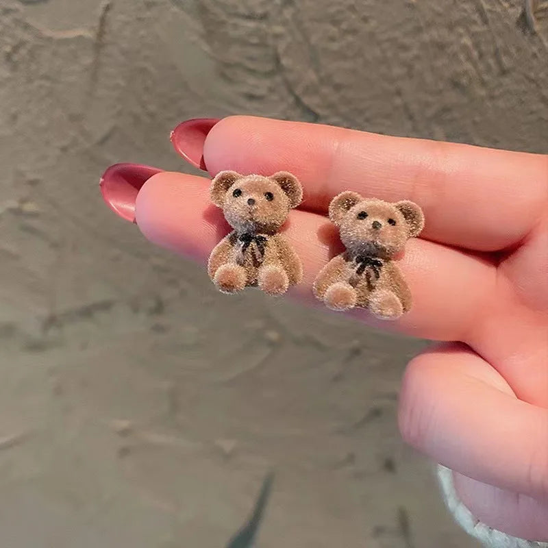 Cute Flocking Plush Bear Stud Earrings Kawaii Brown Khaki Animal Earrings for Women Girls Korean Earring Jewelry