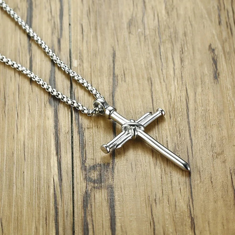 Nail Cross Pendant Necklace For Men Hip Hop Punk Style Silver Color Stainless Steel Chain Christian Church Baptism Party Jewelry