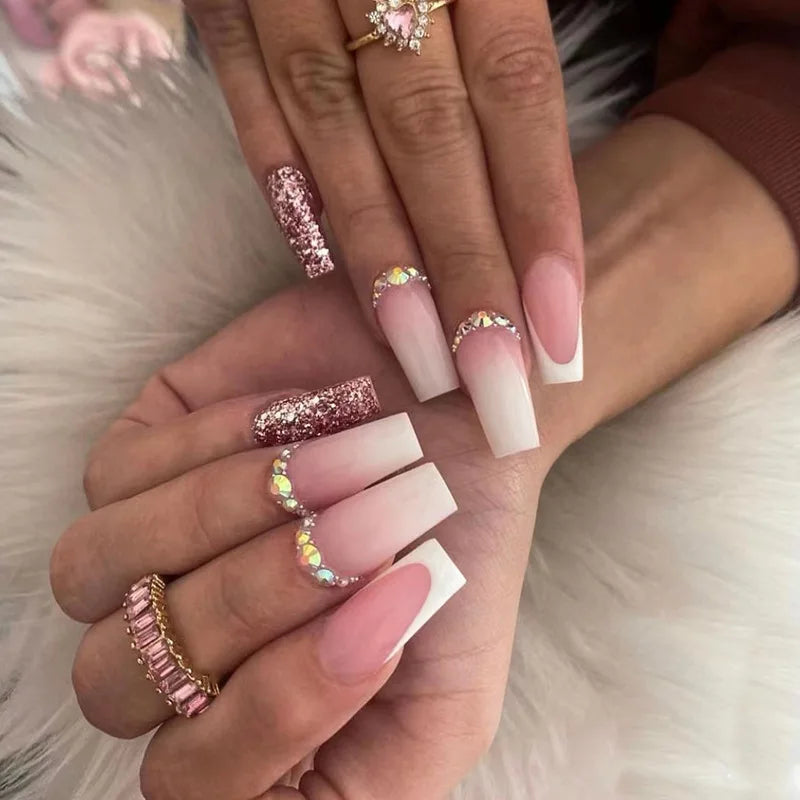 24Pcs Long Coffin Press on Nail Autumn Winter False Nails Glitter Diamond Stick on Nails French Ombre Full Cover Ballet Nail Art