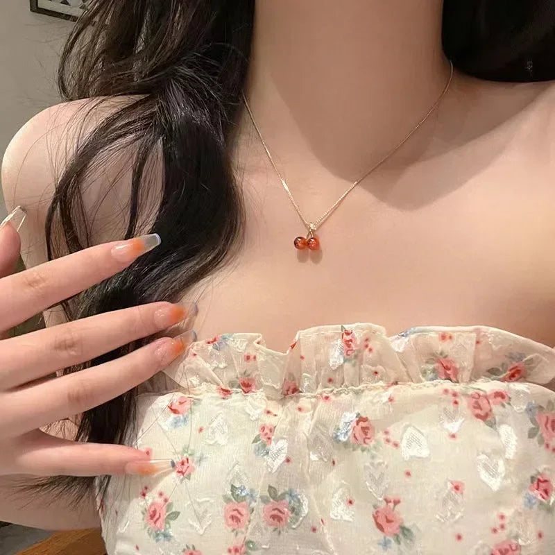 Red Cherry Pendant Necklace Stud Earrings Set Women's Fashion Fruit Necklace Earrings Jewery Set For Party Wedding Girls Gifts