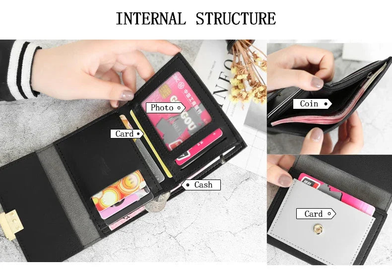 Patchwork Short Women's Wallet Fashion Square Clutch Money Credit Multiple Card Holders Metal Buckle Tri-Fold Ladies Coin Purse