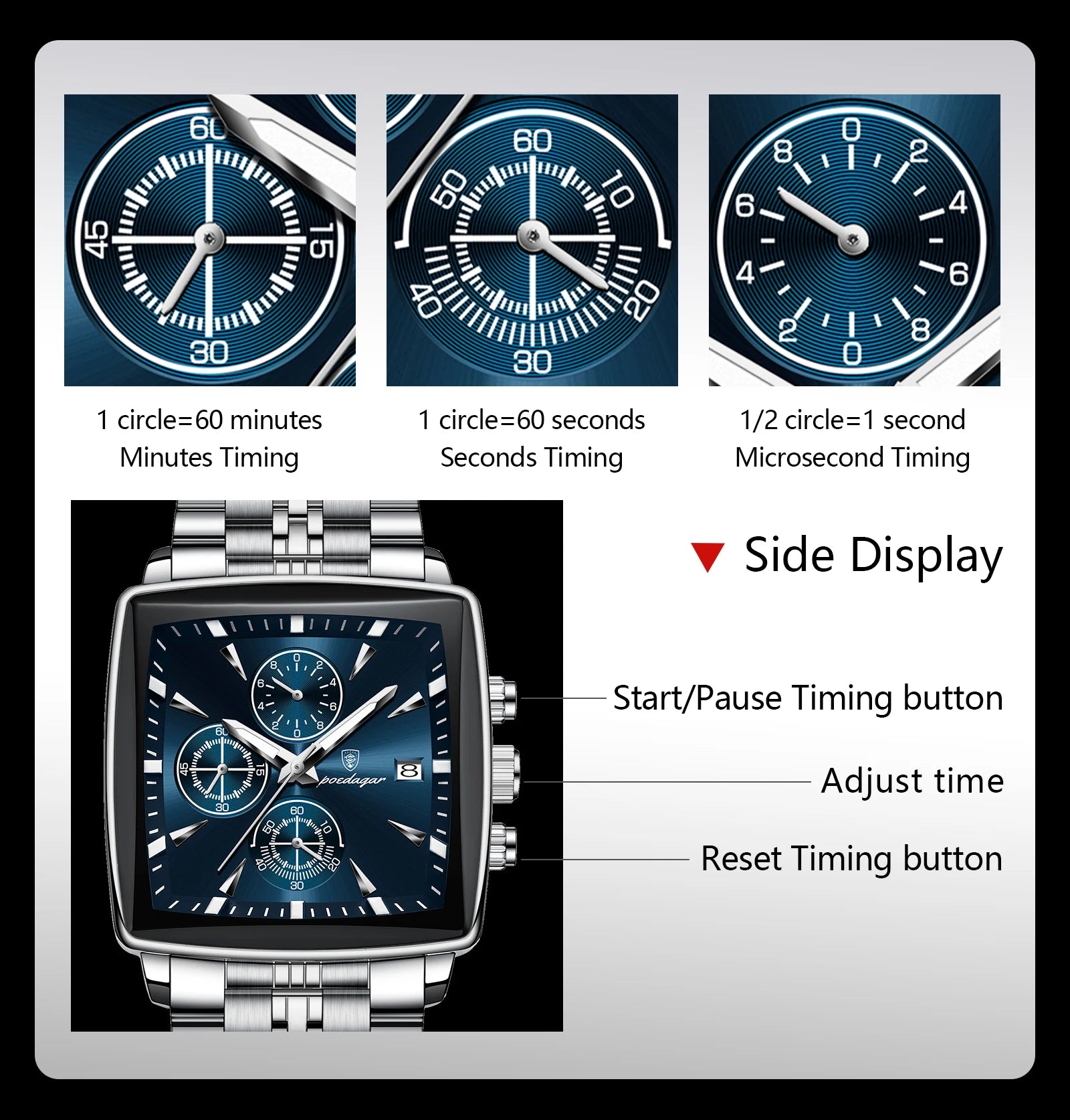 POEDAGAR Square Men Watch Waterproof Luminous Chronograph Calendar Man Wristwatch Stainless Steel Quartz Men's Watches+Box Reloj