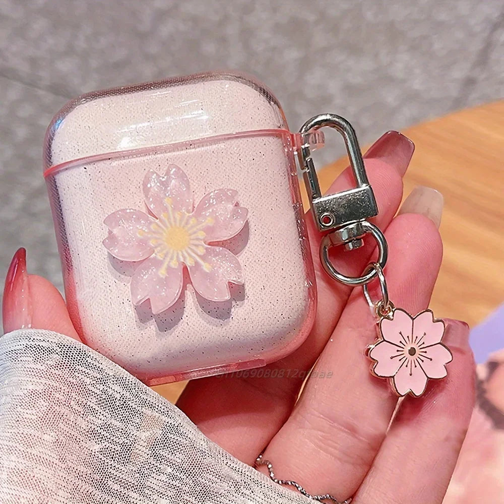 Sparkling Pink Cherry Blossom Suitable Cases for Apple AirPods Pro 1/2/3 Generation Wireless Bluetooth Earphone Case Transparent