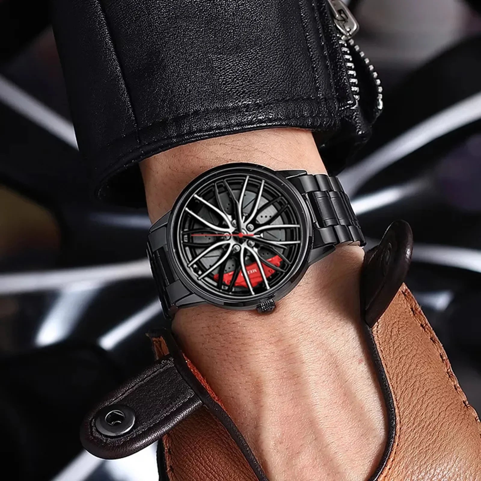 Car Watches for Men Stainless Steel Quartz Wrist Watch Sports Men Watches with Car Wheel Rim Hub Design Reloj Hombre